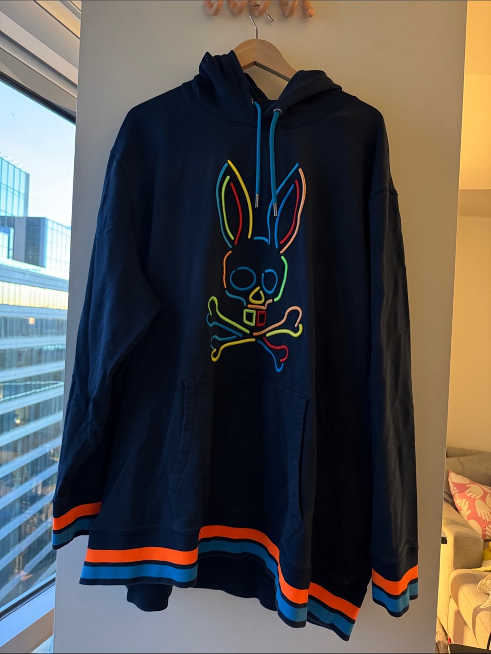 Psycho Bunny Navy Hoodie with Neon Multicolor Bunny Skull